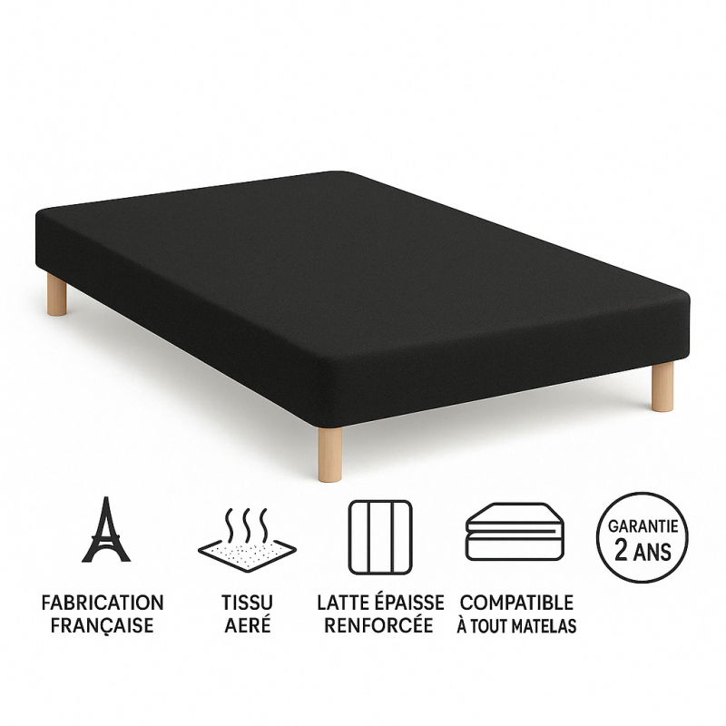 SOMMIER TAPISSIER NOIR 130x190 cm | FABRICATION FRANÇAISE ARTISANALE | PIEDS OFFERTS | HAUTEUR avec PIEDS 27 cm