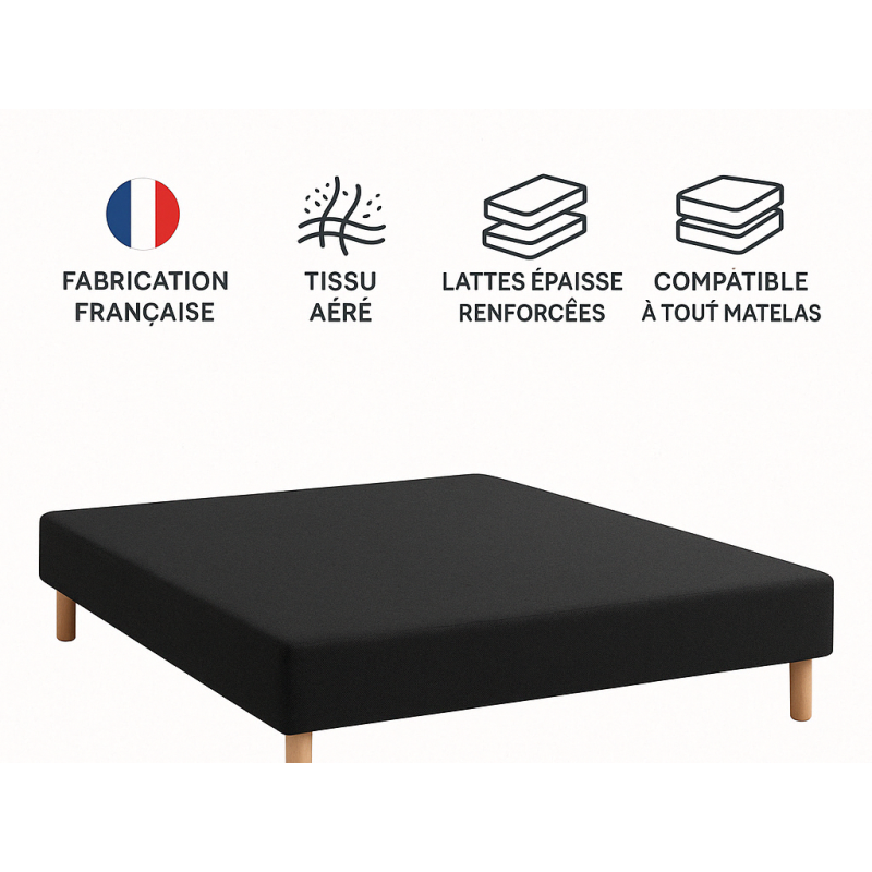 SOMMIER TAPISSIER NOIR 130x200 cm | FABRICATION FRANÇAISE ARTISANALE | PIEDS OFFERTS | HAUTEUR avec PIEDS 28 cm SOMMIER TAPISSIER NOIR 130x200 cm | FABRICATION FRANÇAISE ARTISANALE | PIEDS OFFERTS | HAUTEUR avec PIEDS 28 cm