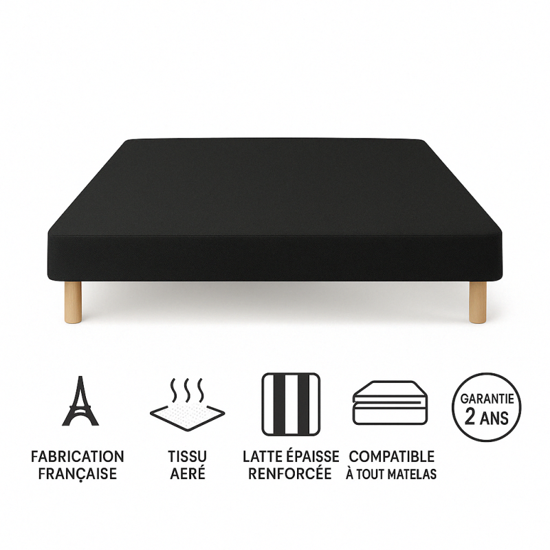 SOMMIER TAPISSIER NOIR 140x200 cm | FABRICATION FRANÇAISE ARTISANALE | PIEDS OFFERTS | HAUTEUR avec PIEDS 27 cm