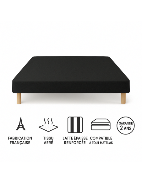 SOMMIER TAPISSIER NOIR 140x200 cm | FABRICATION FRANÇAISE ARTISANALE | PIEDS OFFERTS | HAUTEUR avec PIEDS 27 cm