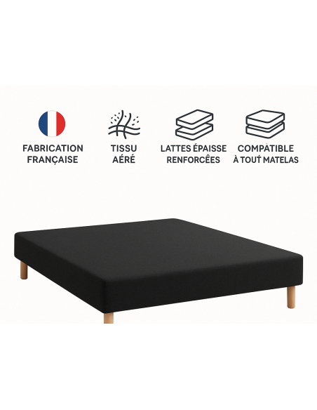 SOMMIER TAPISSIER NOIR 160x200 cm | FABRICATION FRANÇAISE ARTISANALE | PIEDS OFFERTS | HAUTEUR avec PIEDS 27 cm