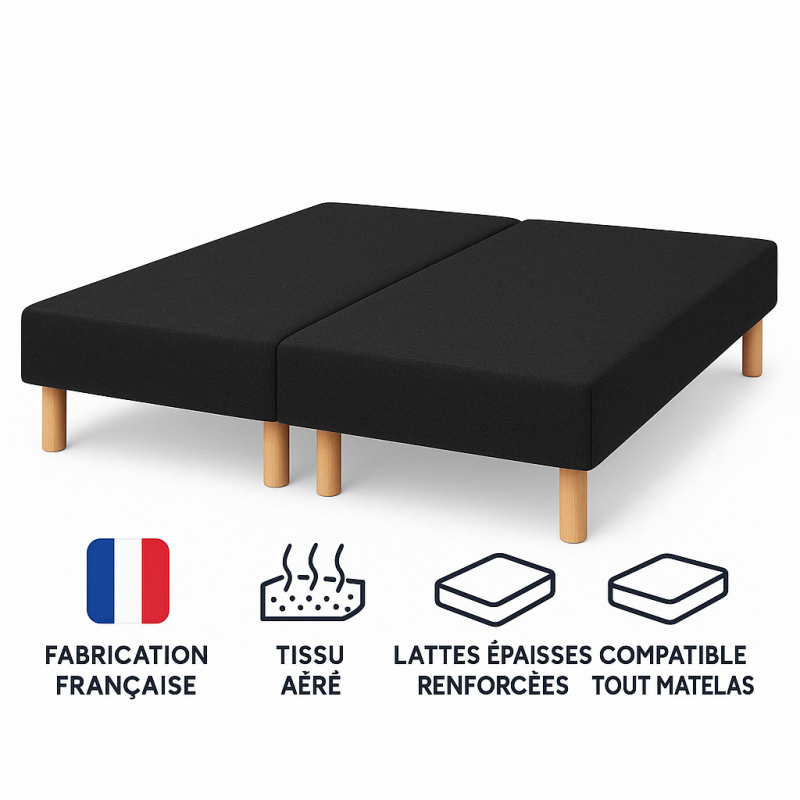 SOMMIER TAPISSIER NOIR 100x200x2 (200x200) | FABRICATION FRANÇAISE ARTISANALE | PIEDS OFFERTS | HAUTEUR avec PIEDS 27 cm