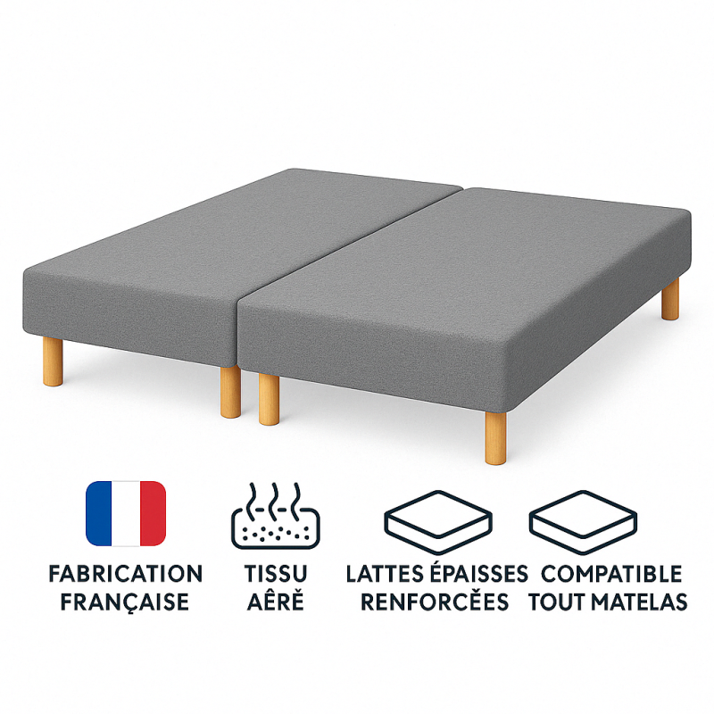 SOMMIER TAPISSIER GRIS 70x190x2 (140x190) | FABRICATION FRANÇAISE ARTISANALE | PIEDS OFFERTS | HAUTEUR avec PIEDS 27 cm