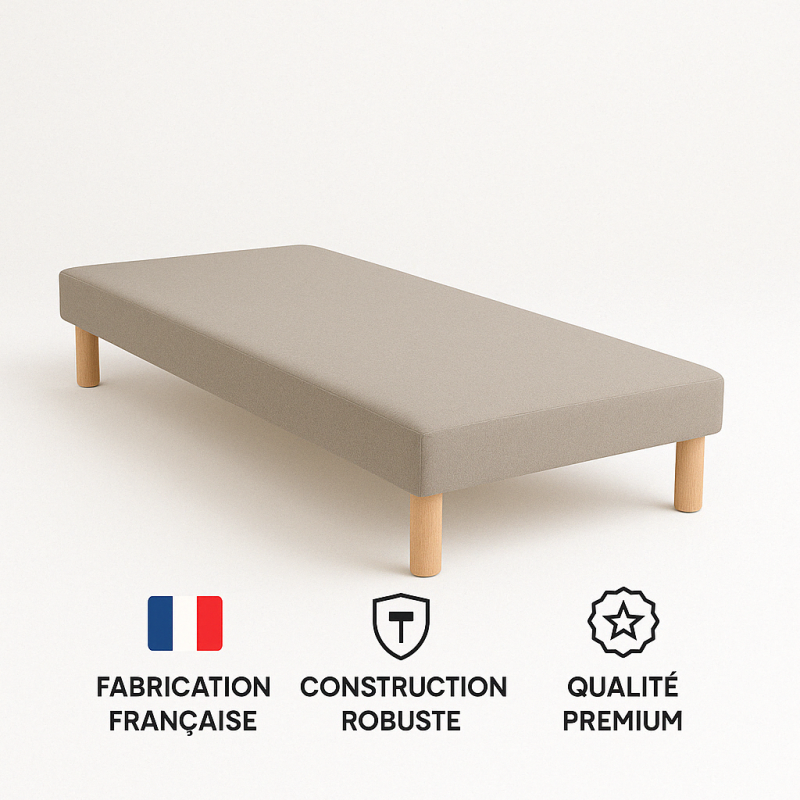 SOMMIER TAPISSIER GRIS 90x200 cm | FABRICATION FRANÇAISE ARTISANALE | PIEDS OFFERTS | HAUTEUR avec PIEDS 27 cm