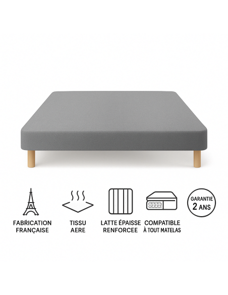 SOMMIER TAPISSIER GRIS 130x200 cm | FABRICATION FRANÇAISE ARTISANALE | PIEDS OFFERTS | HAUTEUR avec PIEDS 27 cm