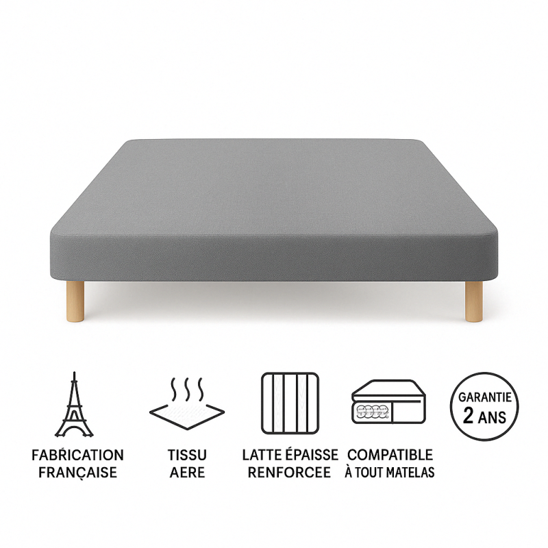 SOMMIER TAPISSIER GRIS70x200x2 (140x200) | FABRICATION FRANÇAISE ARTISANALE | PIEDS OFFERTS | HAUTEUR avec PIEDS 27 cm