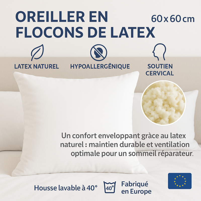 OREILLER 60x60 CONFORT en LATEX NATUREL SOUPLE et MOELLEUX  OREILLER en MOUSSE de LATEX  GARANTIE à VIE OREILLER 60x60 CONFORT en LATEX NATUREL SOUPLE et MOELLEUX  OREILLER en MOUSSE de LATEX  GARANTIE à VIE