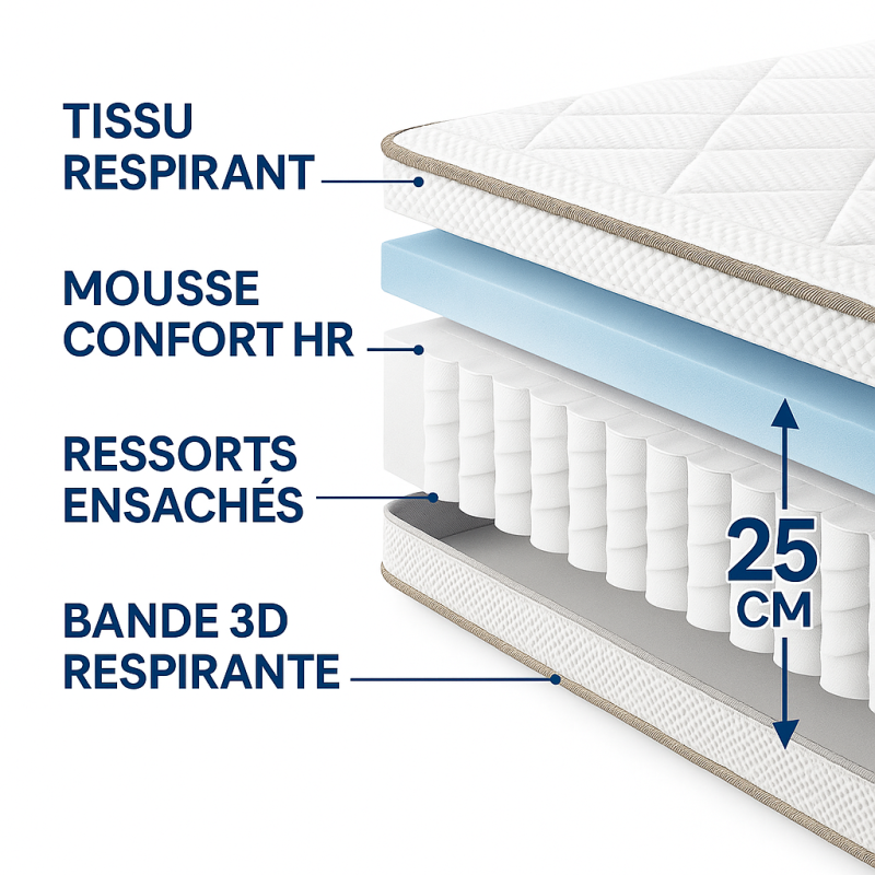 Matelas 25 cm  Ressorts ensachés mousse HR  Confort mi-ferme  Respirant, anti-acariens, livré roulé