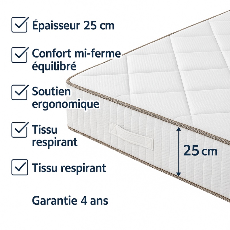 Matelas 25 cm  Ressorts ensachés mousse HR  Confort mi-ferme  Respirant, anti-acariens, livré roulé