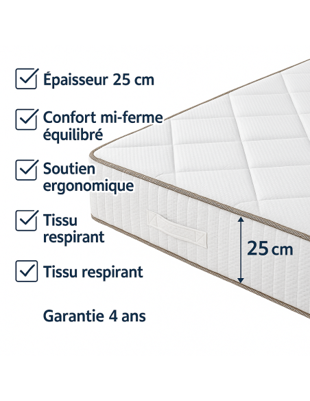 Matelas 25 cm  Ressorts ensachés mousse HR  Confort mi-ferme  Respirant, anti-acariens, livré roulé
