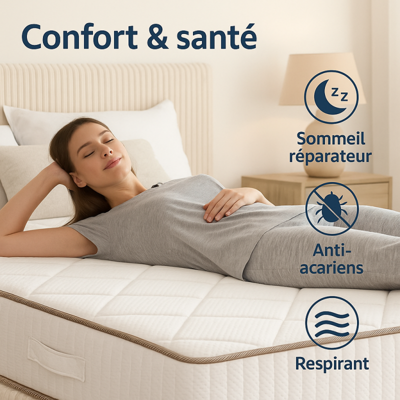 Matelas 25 cm  Ressorts ensachés mousse HR  Confort mi-ferme  Respirant, anti-acariens, livré roulé