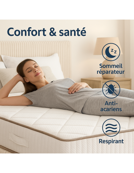 Matelas 25 cm  Ressorts ensachés mousse HR  Confort mi-ferme  Respirant, anti-acariens, livré roulé