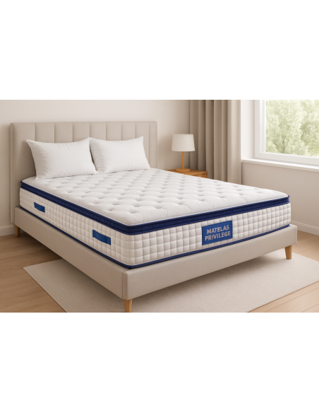 Matelas 140x190 cm  Ressorts Ensachés  Épaisseur 28 cm  Surmatelas Mousse HR  Confort MiFerme  Garantie 4 Ans