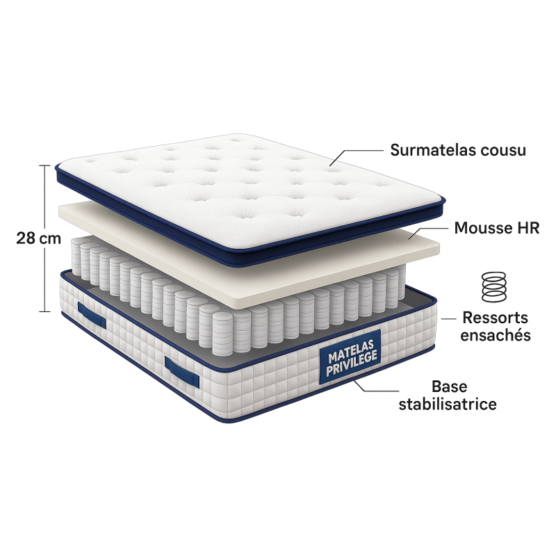 Matelas 180x200 cm  Ressorts Ensachés  Épaisseur 28 cm Surmatelas Mousse HR  Confort MiFerme  Garantie 4 Ans
