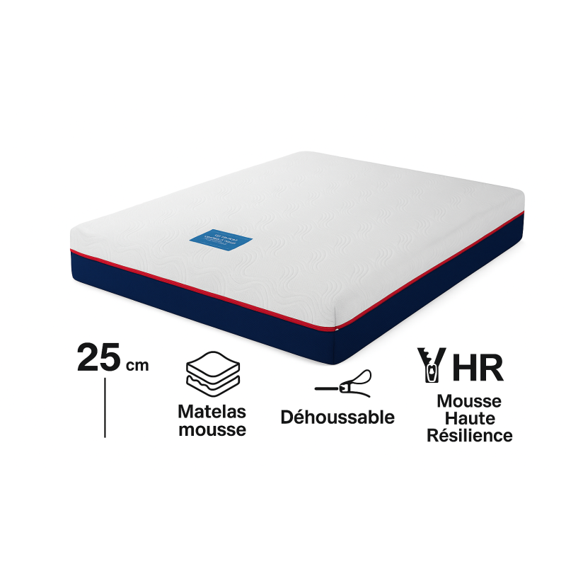 Matelas Excellence 25 cm 160x200  – Mousse HR Haute Résilience – Déhoussable – Confort Premium – Livraison Compressée