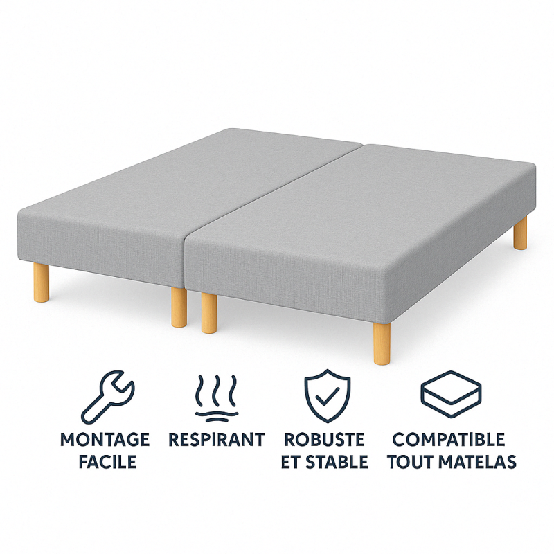 SOMMIER TAPISSIER GRIS70x200x2 (140x200)  FABRICATION FRANÇAISE ARTISANALE  PIEDS OFFERTS  HAUTEUR avec PIEDS 27 cm