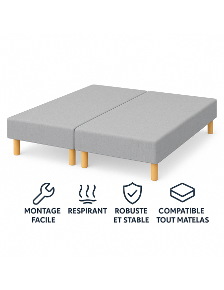 SOMMIER TAPISSIER GRIS70x200x2 (140x200)  FABRICATION FRANÇAISE ARTISANALE  PIEDS OFFERTS  HAUTEUR avec PIEDS 27 cm