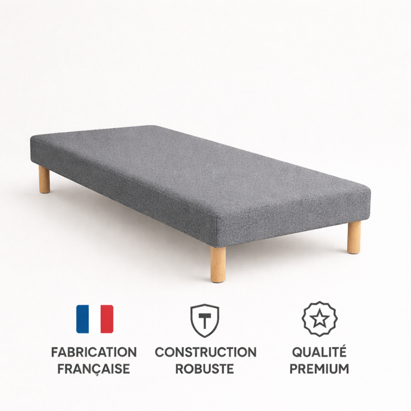 SOMMIER TAPISSIER GRIS 90x200 cm | FABRICATION FRANÇAISE ARTISANALE | PIEDS OFFERTS | HAUTEUR avec PIEDS 27 cm