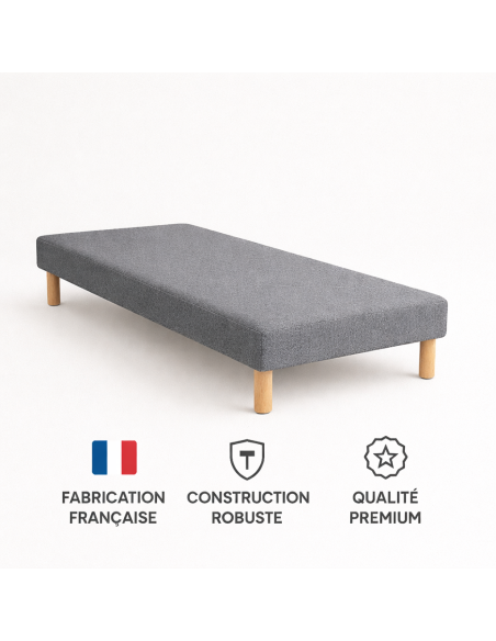 SOMMIER TAPISSIER GRIS 90x200 cm | FABRICATION FRANÇAISE ARTISANALE | PIEDS OFFERTS | HAUTEUR avec PIEDS 27 cm