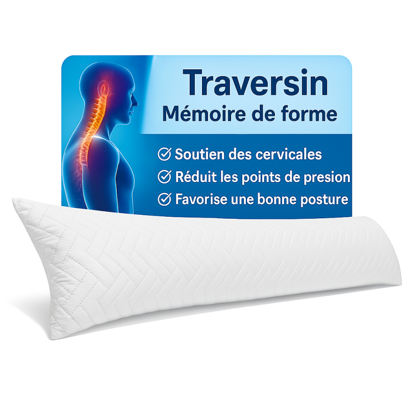 Traversin polochon 90 cm mémoire de forme  Idéal lit double  Confort ferme  Lavable  Soutien cervical  Sommiflex