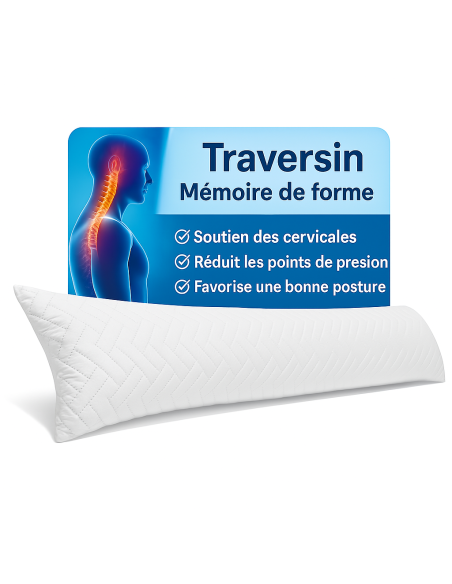 Traversin polochon 90 cm mémoire de forme  Idéal lit double  Confort ferme  Lavable  Soutien cervical  Sommiflex