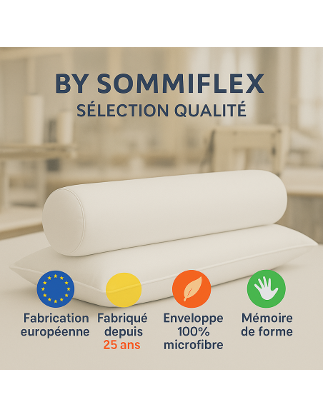 Traversin polochon 90 cm mémoire de forme  Idéal lit double  Confort ferme  Lavable  Soutien cervical  Sommiflex