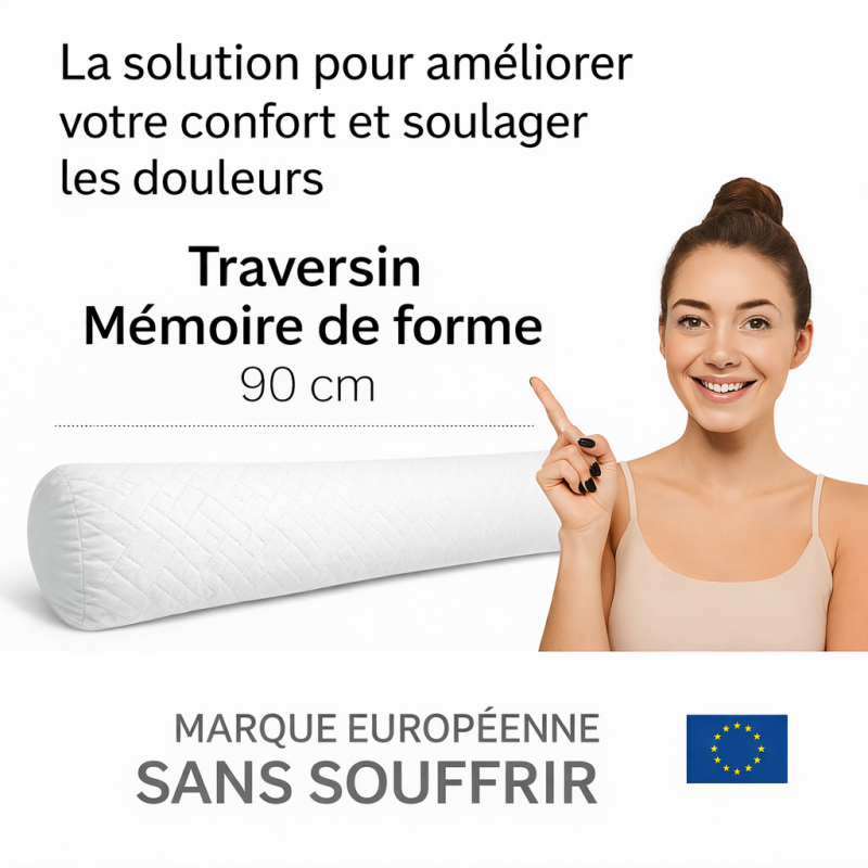 Traversin polochon 90 cm mémoire de forme  Idéal lit double  Confort ferme  Lavable  Soutien cervical  Sommiflex
