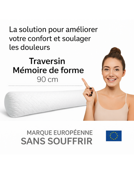 Traversin polochon 90 cm mémoire de forme  Idéal lit double  Confort ferme  Lavable  Soutien cervical  Sommiflex