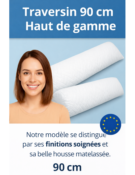 Traversin polochon 90 cm mémoire de forme  Idéal lit double  Confort ferme  Lavable  Soutien cervical  Sommiflex