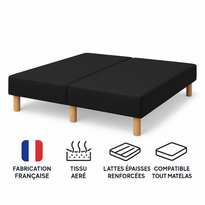 SOMMIER TAPISSIER NOIR 70x200x2 (140x200) | FABRICATION FRANÇAISE ARTISANALE | PIEDS OFFERTS | HAUTEUR avec PIEDS 27 cm