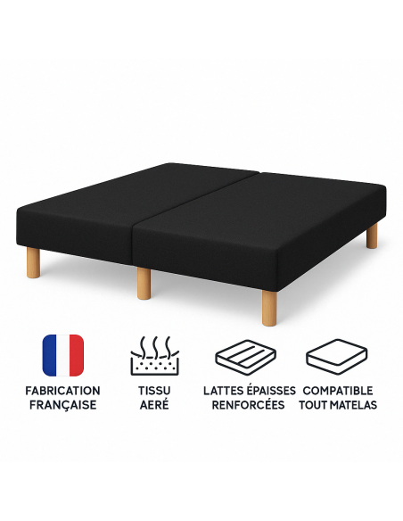 SOMMIER TAPISSIER NOIR 70x200x2 (140x200) | FABRICATION FRANÇAISE ARTISANALE | PIEDS OFFERTS | HAUTEUR avec PIEDS 27 cm