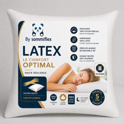 OREILLER 60x60 CONFORT en LATEX NATUREL SOUPLE et MOELLEUX  OREILLER en MOUSSE de LATEX  GARANTIE à VIE