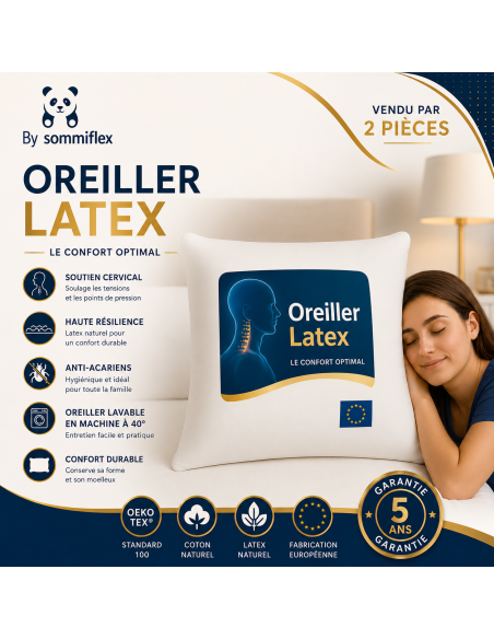 OREILLER 60x60 CONFORT en LATEX NATUREL SOUPLE et MOELLEUX  OREILLER en MOUSSE de LATEX  GARANTIE à VIE