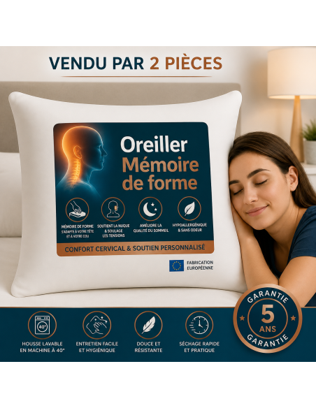 LOT de 2 OREILLERS 60x60 FLOCON MÉMOIRE de FORME SPÉCIAL CERVICALES GARANTIE à VIE
