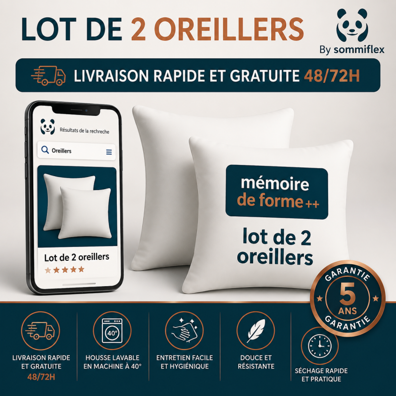 LOT de 2 OREILLERS 60x60 FLOCON MÉMOIRE de FORME SPÉCIAL CERVICALES GARANTIE à VIE
