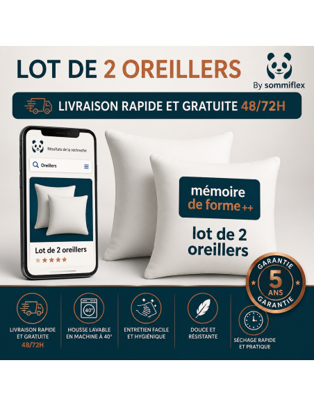 LOT de 2 OREILLERS 60x60 FLOCON MÉMOIRE de FORME SPÉCIAL CERVICALES GARANTIE à VIE