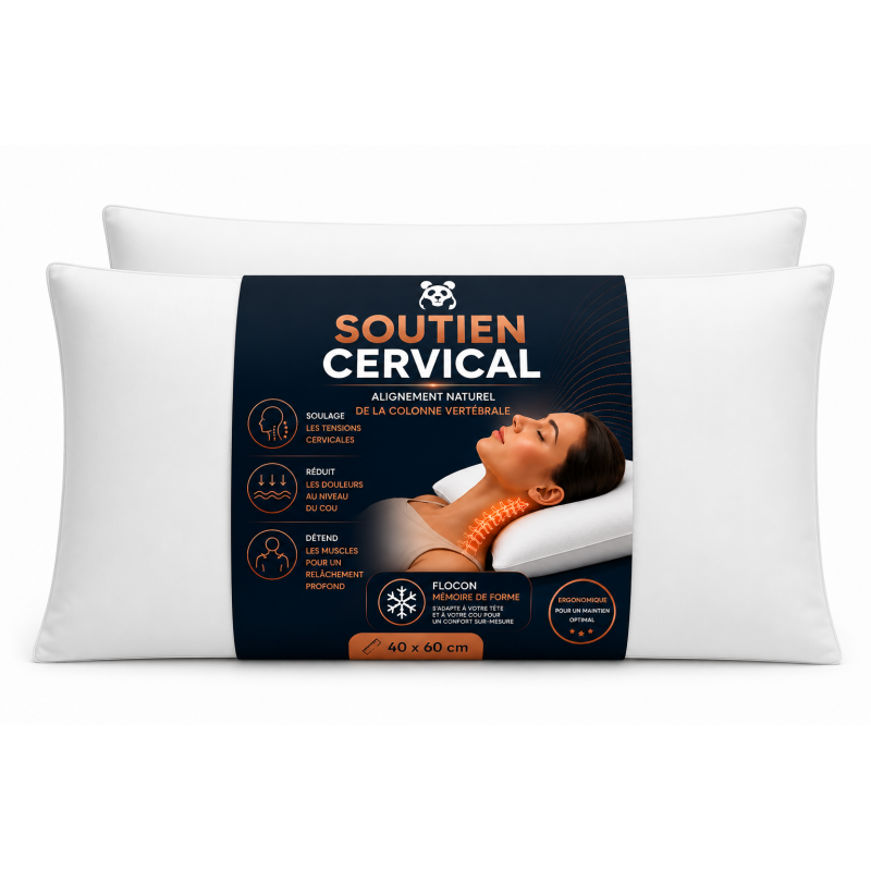 LOT de 2 OREILLERS 40x60 FLOCON MÉMOIRE de FORME SPÉCIAL CERVICALES GARANTIE à VIE