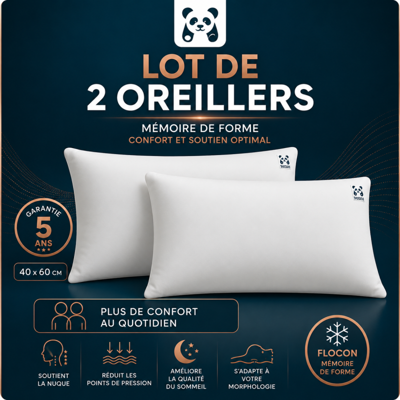 LOT de 2 OREILLERS 40x60 FLOCON MÉMOIRE de FORME SPÉCIAL CERVICALES GARANTIE à VIE