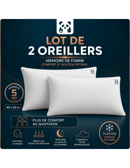 LOT de 2 OREILLERS 40x60 FLOCON MÉMOIRE de FORME SPÉCIAL CERVICALES GARANTIE à VIE