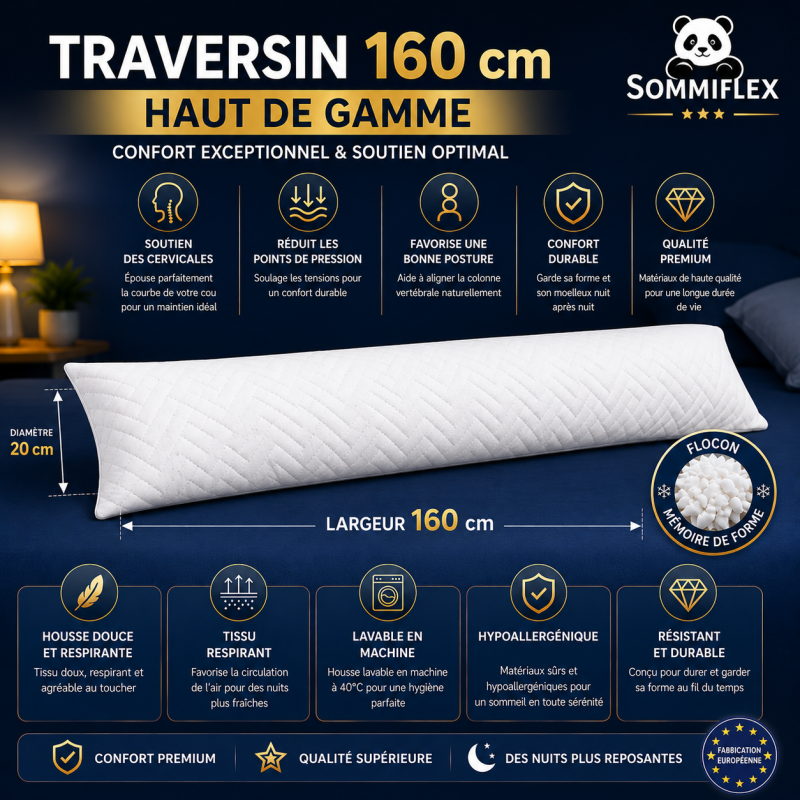 Traversin polochon 160 cm mémoire de forme  Idéal lit double  Confort ferme  Lavable  Soutien cervical  Sommiflex