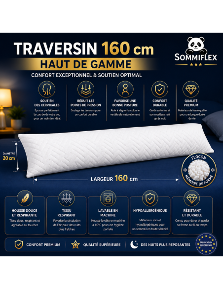 Traversin polochon 160 cm mémoire de forme  Idéal lit double  Confort ferme  Lavable  Soutien cervical  Sommiflex