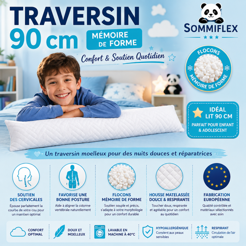 Traversin polochon 90 cm mémoire de forme  Idéal lit double  Confort ferme  Lavable  Soutien cervical  Sommiflex