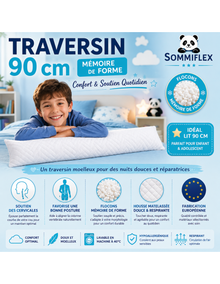Traversin polochon 90 cm mémoire de forme  Idéal lit double  Confort ferme  Lavable  Soutien cervical  Sommiflex
