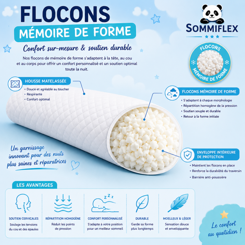 Traversin polochon 90 cm mémoire de forme  Idéal lit double  Confort ferme  Lavable  Soutien cervical  Sommiflex