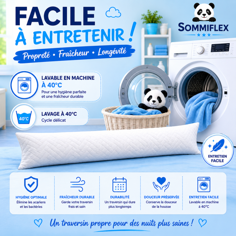 Traversin polochon 90 cm mémoire de forme  Idéal lit double  Confort ferme  Lavable  Soutien cervical  Sommiflex