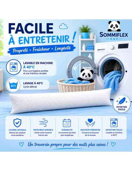 Traversin polochon 90 cm mémoire de forme  Idéal lit double  Confort ferme  Lavable  Soutien cervical  Sommiflex