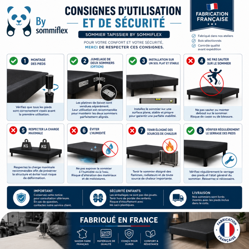 SOMMIER TAPISSIER NOIR 90x200x2 (180x200) | FABRICATION FRANÇAISE ARTISANALE | PIEDS OFFERTS | HAUTEUR avec PIEDS 27 cm