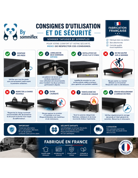 SOMMIER TAPISSIER NOIR 90x200x2 (180x200) | FABRICATION FRANÇAISE ARTISANALE | PIEDS OFFERTS | HAUTEUR avec PIEDS 27 cm