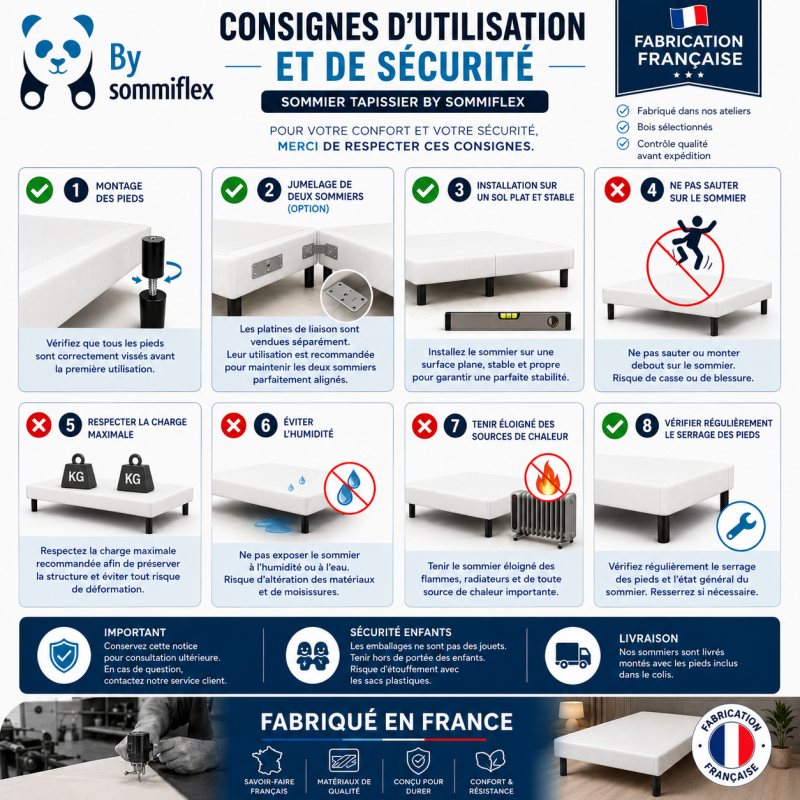 SOMMIER TAPISSIER BLANC 100x200x2 (200x200) | FABRICATION FRANÇAISE ARTISANALE | PIEDS OFFERTS | HAUTEUR avec PIEDS 27 cm