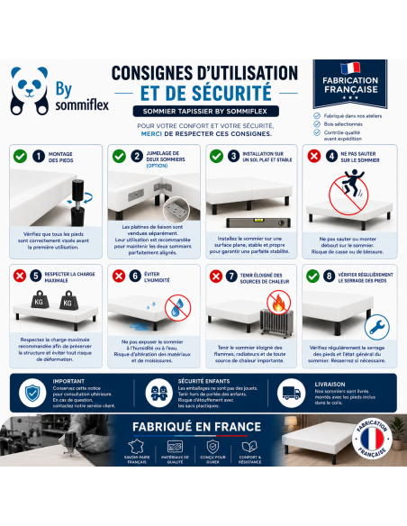 SOMMIER TAPISSIER BLANC 100x200x2 (200x200) | FABRICATION FRANÇAISE ARTISANALE | PIEDS OFFERTS | HAUTEUR avec PIEDS 27 cm